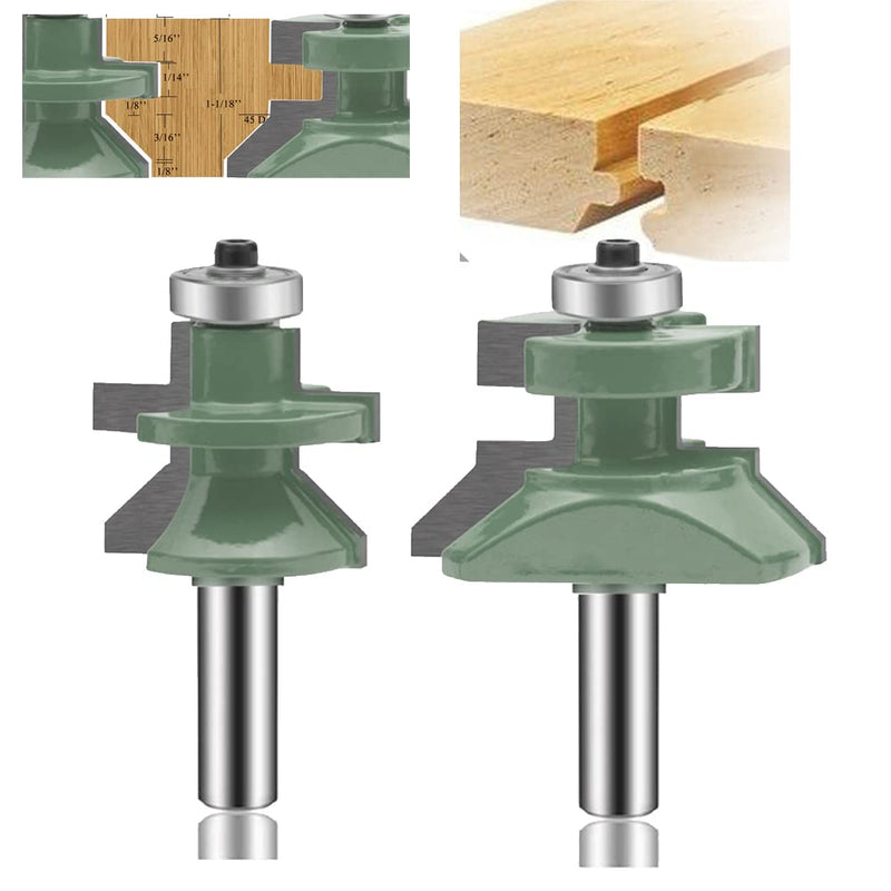 OLETBE Tongue and Groove Flooring Router Bit Set 1/2-Inch Shank 2 PCS, Wood V-Notch Wainscotting and Flooring Matched Cabinet Shelf Door Woodworking Router Bits Set with Edge Banding(2)