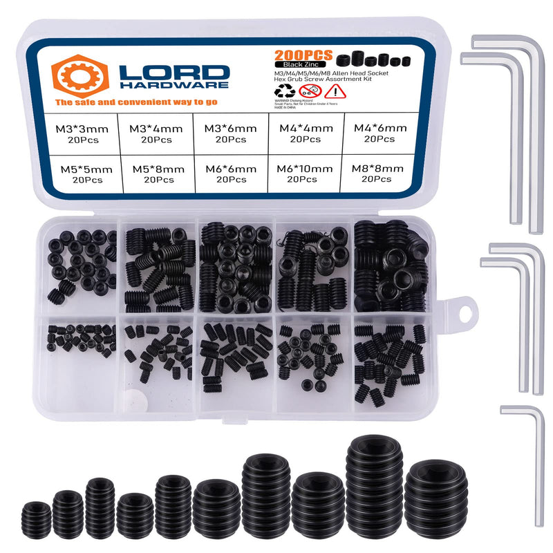 [Australia - AusPower] - 200Pcs Allen Head Socket Set Screws Internal Hex Drive Cup Point Grub Screw Assortment Kit Metric M3/M4/M5/M6/M8 Black 
