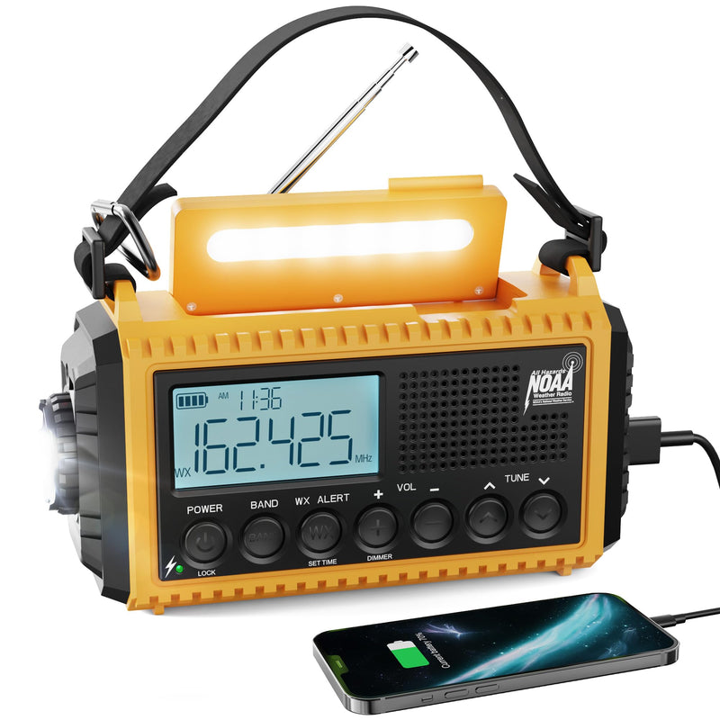 [Australia - AusPower] - Emergency Radio Raynic 5000 Weather Radio Solar Hand Crank AM/FM/SW/NOAA Weather Alert Portable Radio with Cellphone Charger, Headphone Jack, Flashlight, Reading Lamp and SOS Alarm (Yellow) Yellow-LCD Display 