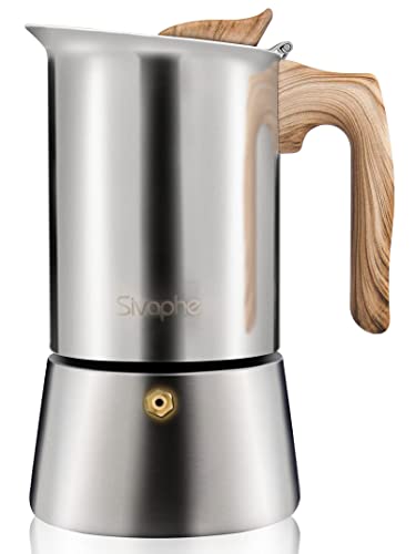 Sivaphe Stovetop Espresso Maker Stainless Steel 9 Cups, Induction-Capable Mocha Pot 450ml, Coffee Percolator with Replacement Silicone Gasket Steel Filter and Instructions (1 Cup=50ml) 9 CUP stainless