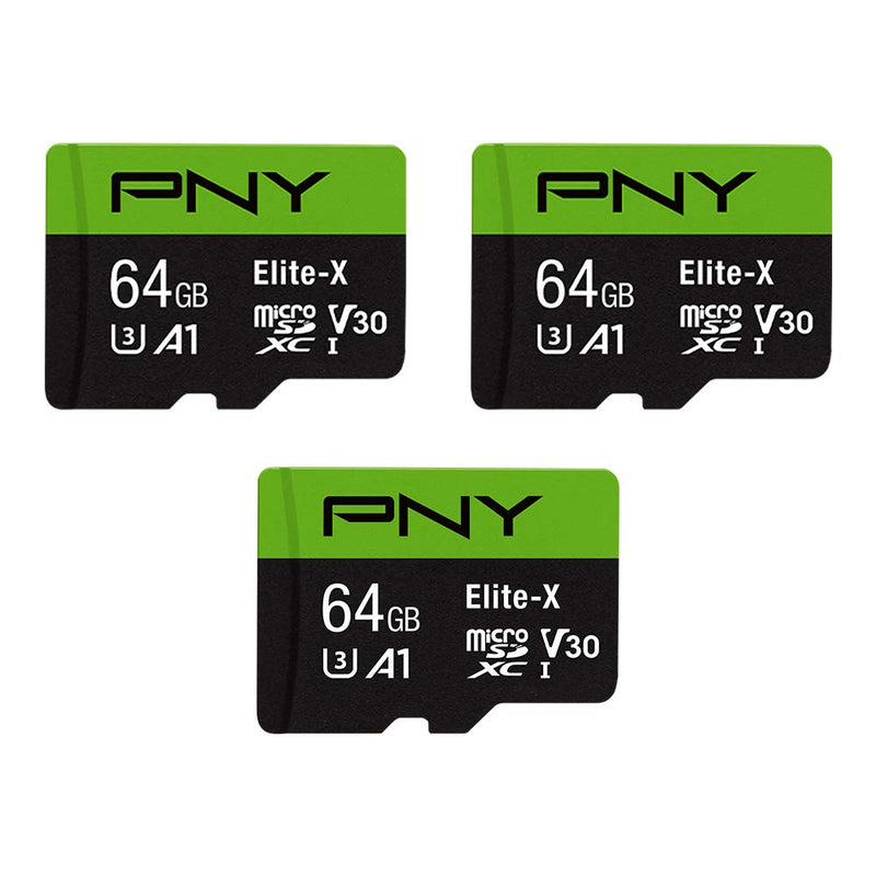 [Australia - AusPower] - PNY 64GB Elite-X Class 10 U3 V30 microSDXC Flash Memory Card, 3 Count (Pack of 1) - 100MB/s, Class 10, U3, V30, A1, 4K UHD, Full HD, UHS-I, micro SD 64GB 3-Pack 