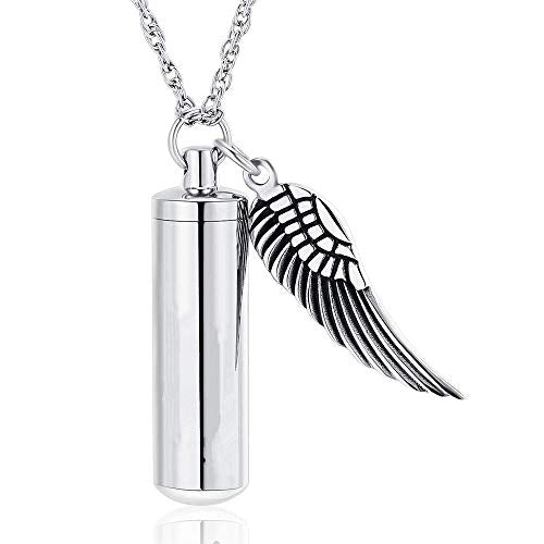 Unisex Cylinder Urn Necklace with Angel Wing Charm Stainless Steel Memorial Cremation Jewelry for Ashes Holder with charm