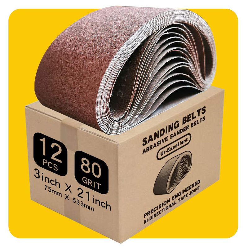 [Australia - AusPower] - 3 x 21 Inch 80 Grit Sanding Belt | Premium Aluminum Oxide Sanding Belt | Premium Sander Sandpaper  12 Pack 