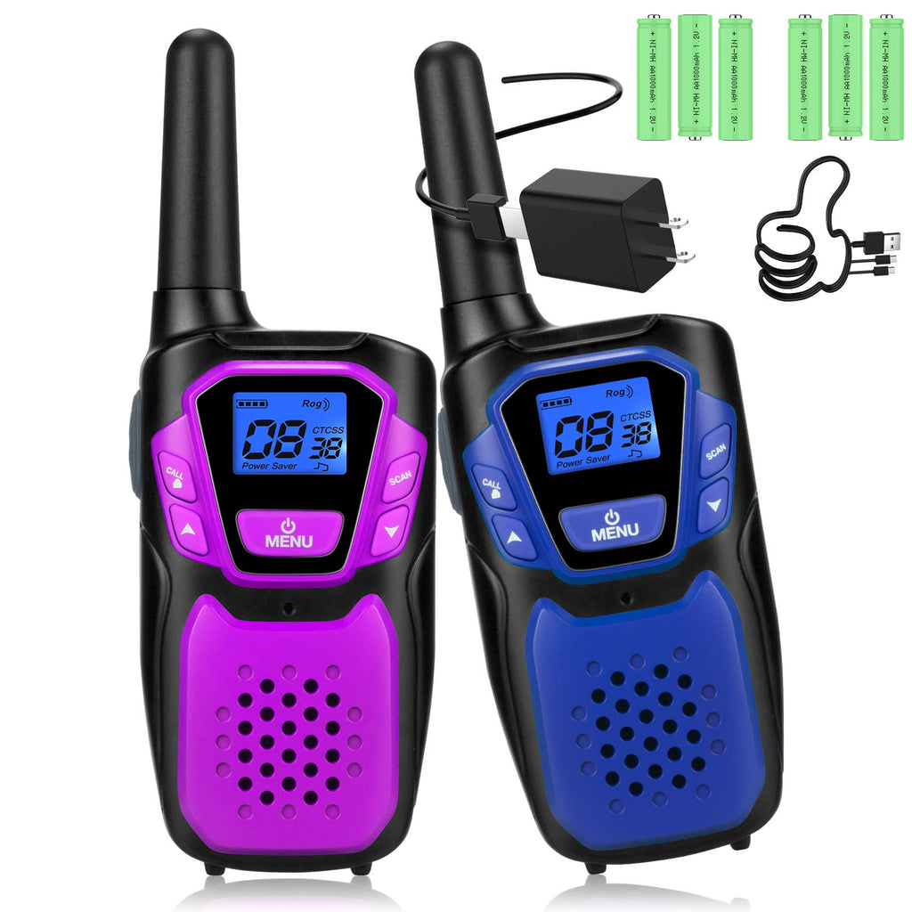 Topsung Walkie Talkies for Adult,Rechargeable Long Range Walky Talky with Batteries and Charger,Portable Two Way Radio with NOAA Weather Alert for Hiking Camping and Skiing(Blue and Purple 2 Pack) pack of two Blue & Purple