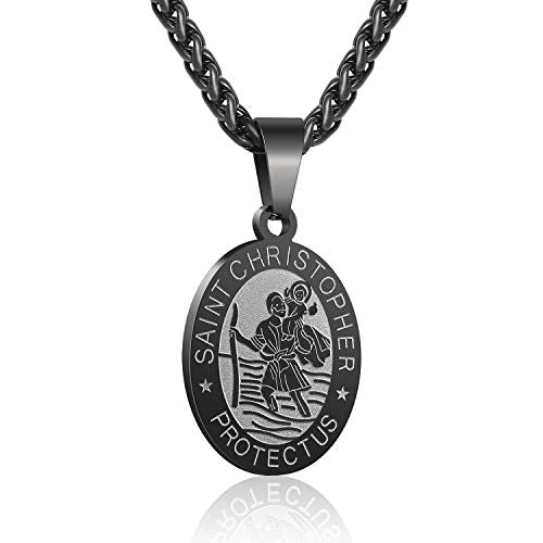 P. BLAKE Oval Saint Christopher/Michael/Joseph/Jude/Virgin Mary/Joseph/Francis/Patrick/Anthony/Benedict/Thomas Necklace for Men Women, Stainless Steel Catholic Patron Pendant with Chain 24 Inches Black St.Christopher