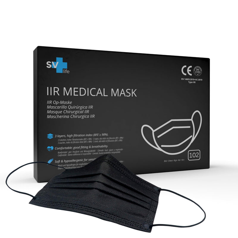 102 st. Medizinische Maske typ IIR CE Zertifiziert | 3-Lagig (BFE>99%), Geprüfter Schutz EN14683 | OP Mundschutz Gesichtsmaske, Einwegmasken - nicht Wiederverwendbar, für Erwachsene, Schwarze Farbe