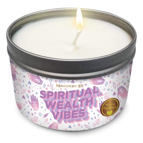 Magnificent 101 Spiritual Wealth Vibes 6-oz. Candle in Tin Holder; 100% Natural Soy Wax with Sage & Clove Essential Oils for Aromatherapy, Energy Cleansing, Meditation & Intention Setting; Great Gift Sage, Clove