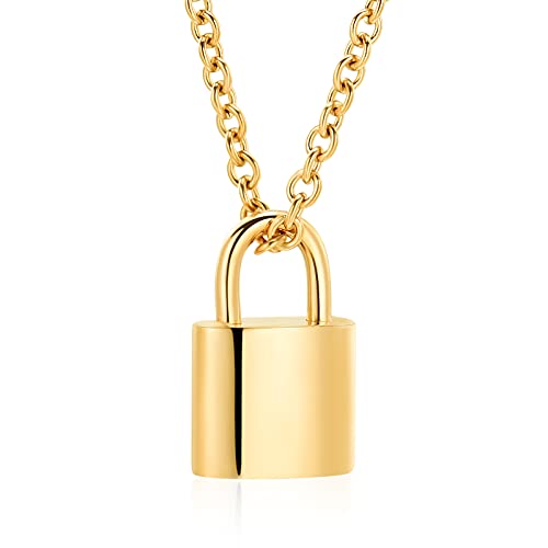 Imrsanl Padlock Cremation Jewelry for Ashes Urn Necklace for Women Men Stainless Steel Keepsake Memorial Punk Lock Pendant Ashes Holder Gold