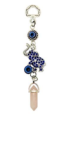 LUCKBOOSTIUM Happy Elephant Pendant with Blue, White & Black Evil Eye Car Hanging Ornament & Charm Gem Stone - Rear View Mirror Accessories - Home & Personal Charms Pink Crystal