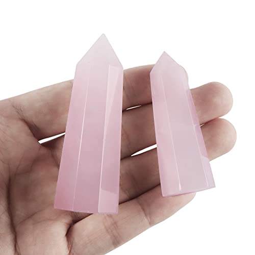 SMQ 2pcs Rose Quartz Healing Crystal Wands Chakra Sets Gemstones Witchcraft Meditation Hexagonal Single Points Energy Balancing Gifts for Reiki,Home Decor