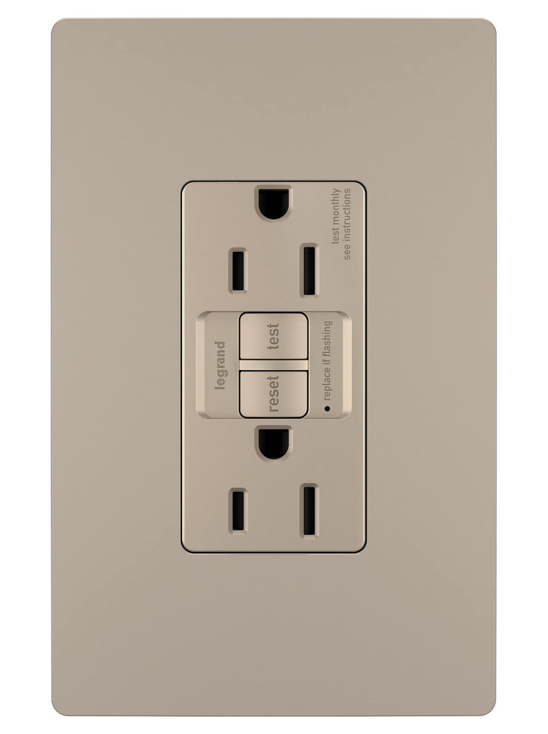 Legrand Radiant 15 Amp GFCI Self-Test Tamper Resistant Decorator Duplex Electrical Wall Power Outlet, with Matching Screwless Wall Plate, 1597TRWPNI, Nickel, 1 Count