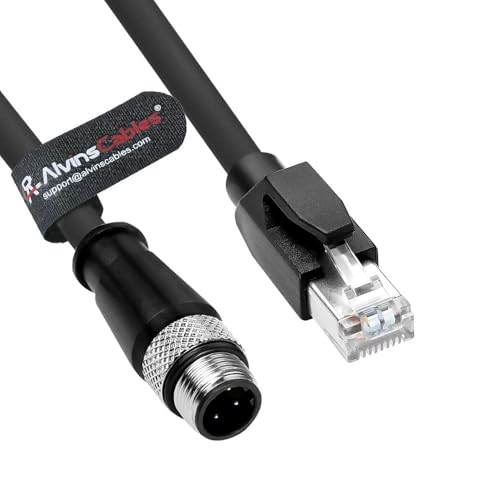 Alvin's Cables M12 4 Position D Coded to RJ45 Shielded Ethernet Cable Flexible Network Cord SFTP 24AWG Black PUR Jacket P67 Waterproof 3.2ft/1M Straight 4 Pin 3.3ft/1M