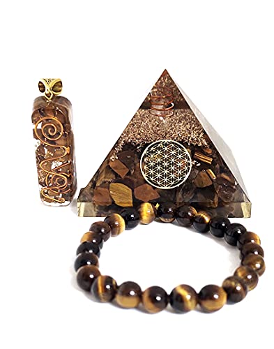 Tiger Eye Orgone Pyramid Set with Flower of Life – Reiki Crystal Energy Generator – Includes Stone Bracelet & Pendant for Yoga Meditation & Spiritual Home Decor