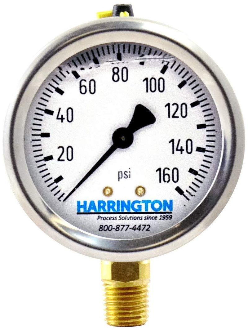 [Australia - AusPower] - Harrington 52894976 2-1/2" Liquid Filled Pressure Gauge 0/160 psi 304 Stainless Steel with Vented Fill Plug 1/4" NPT Bottom Mount Industrial Grade A +/- 2/1/2% Accuracy ASME B40.100 Model 213.53 