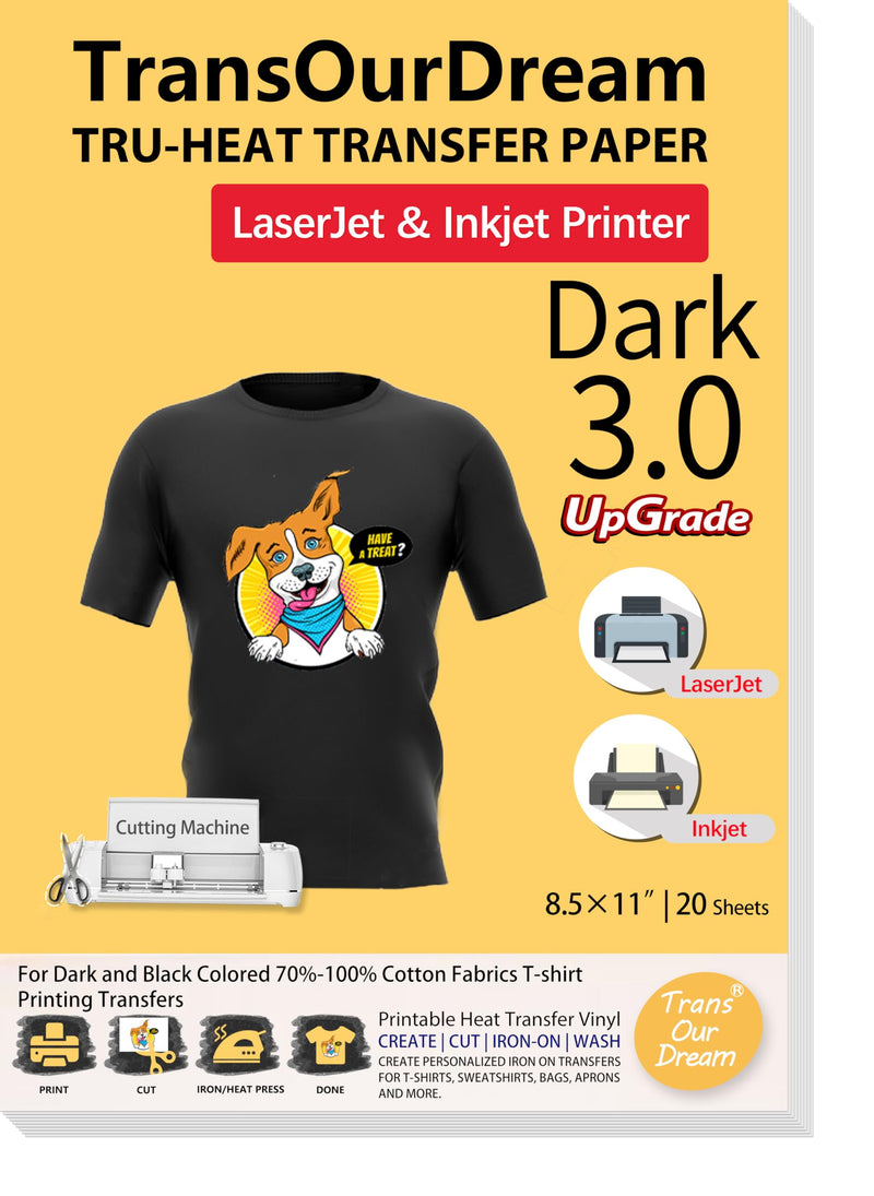 [Australia - AusPower] - TransOurDream Tru-Heat Transfer Paper for Inkjet & Laserjet Printer (20 Sheets, 8.5x11", Dark 3.0) Printable HTV Heat Transfer Vinyl for T Shirts Iron on Transfers for Dark Fabrics (TRANS-D3-20) 20 Sheets 