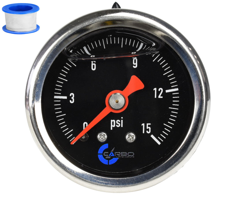[Australia - AusPower] - 1-1/2" Fuel Pressure Gauge, Stainless Steel Case 304, Chrome Plated Brass Connection, Glycerin Filled, 0-15 Psi, Accuracy 3-2-3%, Back Mount 1/8" NPT Black Dial 15 PSI Back Mount Balck Dial 