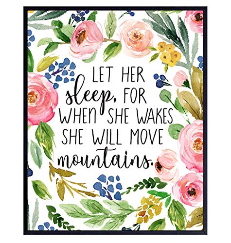 She Will Move Mountains - Let Her Sleep For When She Wakes Wall Art - Christian Wall Art for Women, Girls Room Decor - Religious Gifts Decor - Bible Verse Scripture Bedroom Decoration for Women