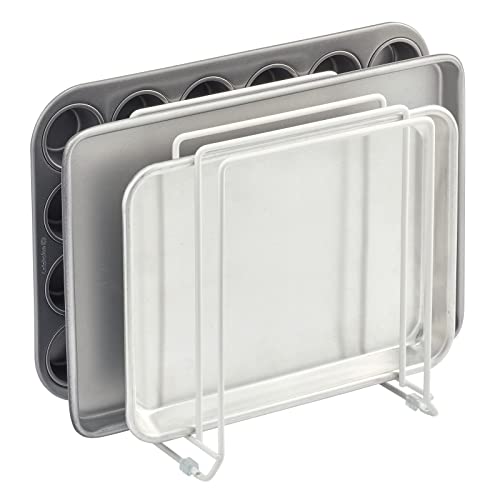 mDesign X-Large Steel Storage Tray Organizer Rack for Kitchen Cabinet - Divided Holder with 5 Slots for Skillets, Frying Pan, Pot Lids, Cutting Board, Baking Sheets - Concerto Collection - White Pack of 1