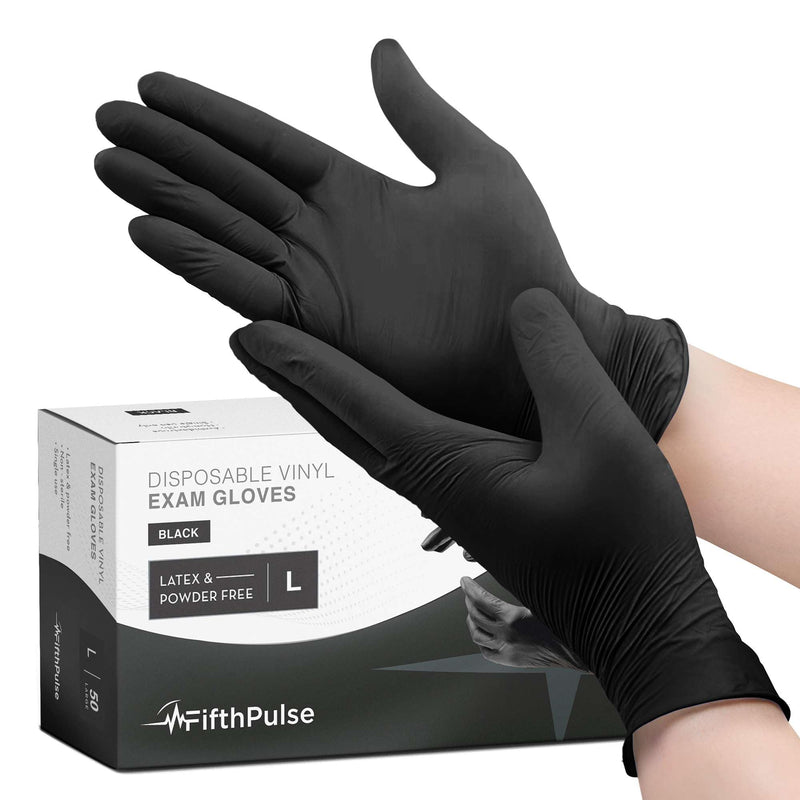 [Australia - AusPower] - FifthPulse Black Vinyl Disposable Gloves - Powder and Latex Free Medical Exam Gloves Black (Large) 