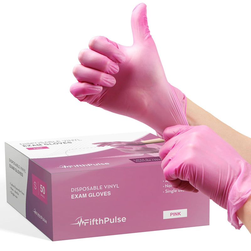 [Australia - AusPower] - FifthPulse Pink Vinyl Disposable Gloves - Powder and Latex Free Medical Exam Gloves Medium (Pack of 50) 