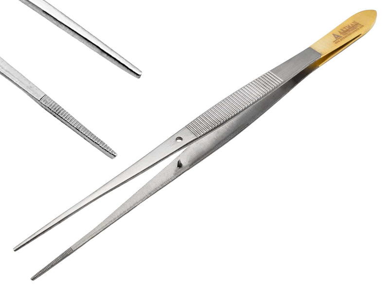 [Australia - AusPower] - Straight Tweezers for Lab Surgical High Precision Stainless Steel 6” Thumb Dressing Serrated Forceps with Gold Plated Handle Mutipurpose Tweezer by Artman Instruments 