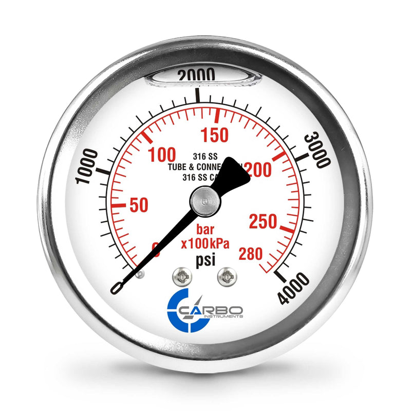 [Australia - AusPower] - 2 1-2" Pressure Gauge, All Stainless Steel Wetted Parts, Case, Connection, Liquid Filled, 0-4000 psi/kPa, Back Mount 1/4" NPT 