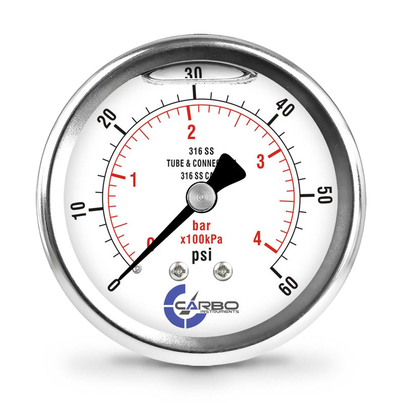 [Australia - AusPower] - 2 1-2" Pressure Gauge, All Stainless Steel Wetted Parts, Case, Connection, Liquid Filled, 0-60 psi/kPa, Back Mount 1/4" NPT 