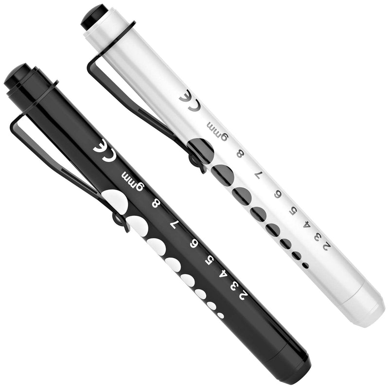[Australia - AusPower] - RISEMART Pen Lights for Nurses, 2 Pack Reusable Medical Light with Pupil Gauge and Ruler, White Light LED Penlight for Student Doctors EMT (Black/White) Black and White 