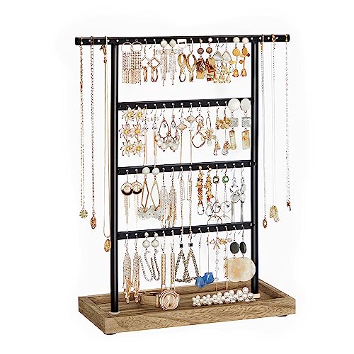 SONGMICS Jewelry Organizer, 4-Tier Earring Holder Stand with Base Tray 1 Pack Wood Color + Black