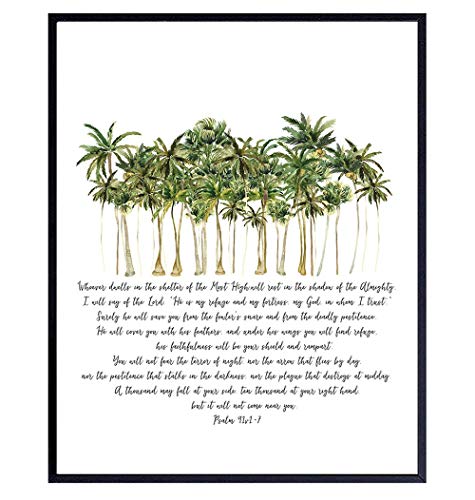 Psalm 91 - He Will Cover You With His Feathers Wall Art - Palm Tree Wall Art - Religious, Bible Verse Decor - Christian Gifts for Women, Men - Spiritual, Inspirational Wall Decor - Holy Scriptures 8"L x 10"W