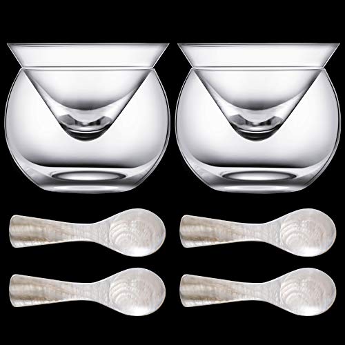 Patelai glass caviar serving set with a chiller dish and four stainless steel caviar spoons for elegant presentation.