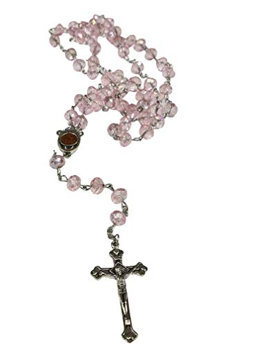 LION OF JUDAH MARKET Catholic Light Pink 10mm Crystal Beads Rosary Holy Soil Medal & Silver Crucifix