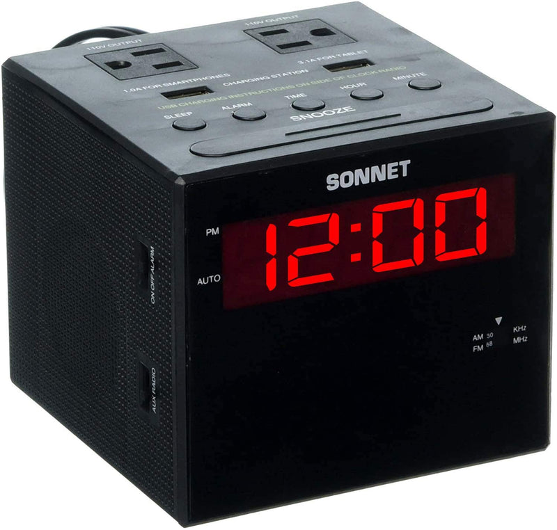 [Australia - AusPower] - Sonnet Alarm Clock Charging Station, AM FM Radio, Dual USB Charging Ports, Dual AC Outlets, Very Loud Alarm Clock for Heavy Sleepers and The Hearing Impaired for Desk, Bedroom R1414-NO BLUETOOTH 