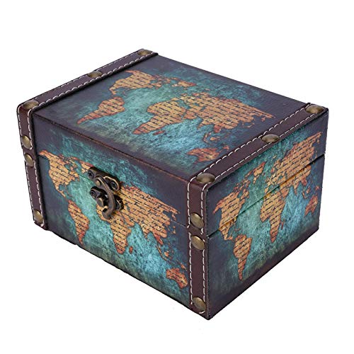 Pssopp vintage wooden jewelry box with world map pattern, featuring compartments for storing rings, necklaces, and small accessories.