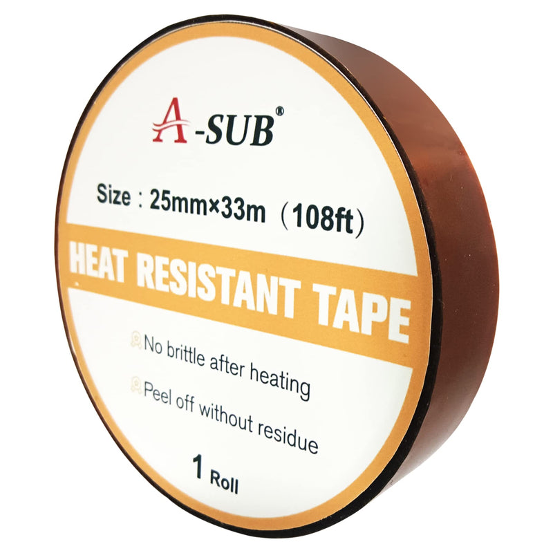 A-SUB Heat Resistant Tape 25mm, No Residue, Heat Transfer Tape for Sublimation, High Temperature Tape for Heat Press, Sublimation Tape, 108ft