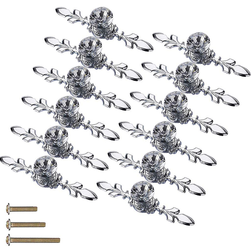 12 Pack Silver Diamond Clear Crystal Glass Decorative Knobs with Plate,Drawer Dresser Knobs Pulls Handles with 3 Kinds of Screws for Kitchen Bathroom Office Decoration (12 Pack, Small, Silver) 12 Pack Small - 4.7inch