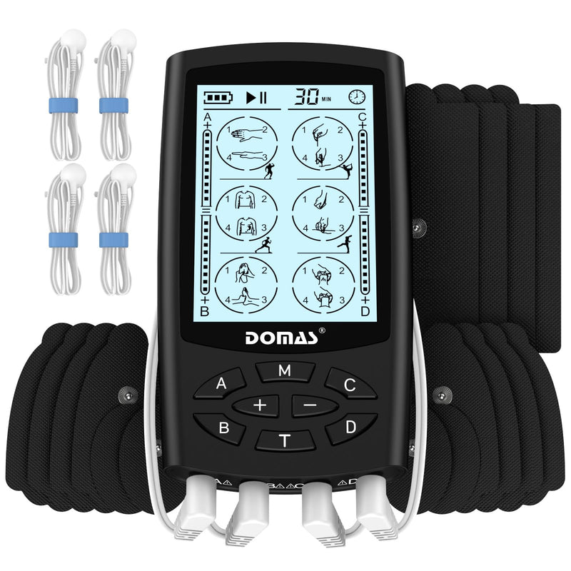 [Australia - AusPower] - DOMAS TENS Unit with 4 Channel Outputs, TENS EMS Unit Muscle Stimulator for Back Pain Relief, Portable & Rechargeable Nursing Machine Device with 24 Modes Electronic Pulse Massager & 16 Pads 