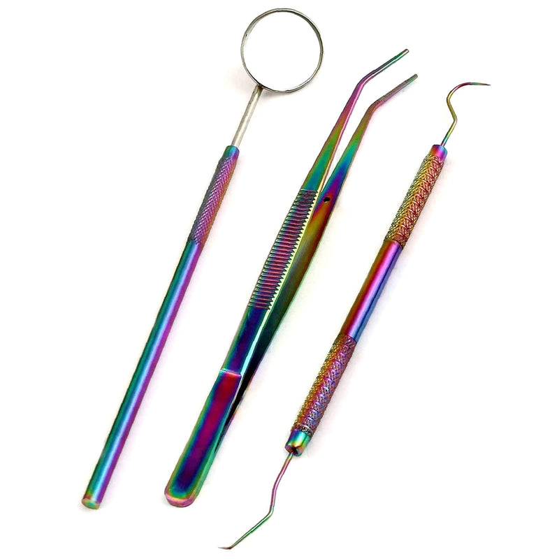 [Australia - AusPower] - Multi Color Rainbow Dental Set - 3pcs Basic Dental Instruments Stainless Steel Dental Tooth Pick, Mouth Mirror,Cotton Plier - Dentists Tools Set is Ideal for Personal Use & Pet Friendly 