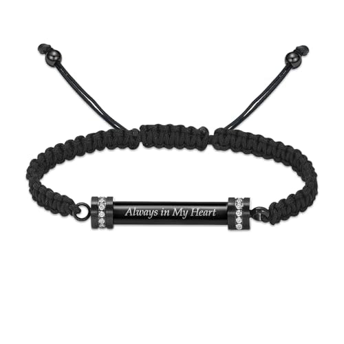 Urn Bracelet for Ashes Cremation Jewelry Braided Rope Adjustable Bangle Stainless Steel Memorial Bracelets Ash Holder Keepsake Jewelry-Always in My Heart E-Black