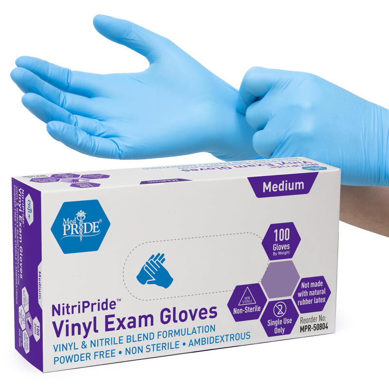 [Australia - AusPower] - MED PRIDE NitriPride Nitrile-Vinyl Blend Exam Gloves, Medium 100 - Powder Free, Latex Free & Rubber Free - Single Use Non-Sterile Protective Gloves for Medical Use, Cooking, Cleaning & More 