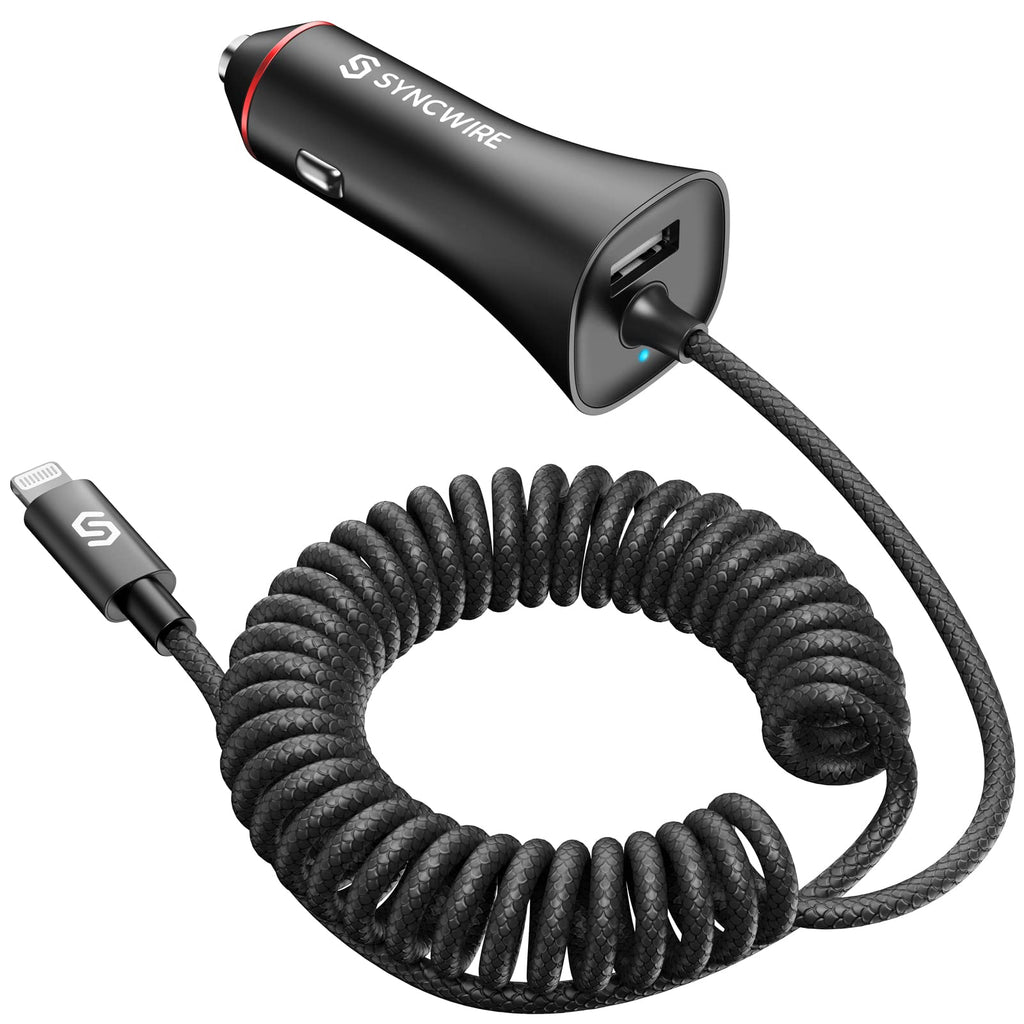 [Australia - AusPower] - [Apple MFi Certified] Syncwire iPhone Car Charger 32W Super Fast Car Phone Charger Cigarette Lighter USB Car Adapter with Build-in 5FT Coiled Lightning Cable for Apple iPhone 14/13/12/11/XR/Max, iPad 