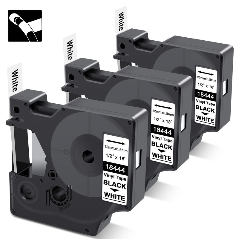 18444 White Tape Compatible with Dymo Rhino A18444 Industrial Permanent Vinyl 12mm 0.47'', Black on White Work for 4200 5000 5200 6000 3000 Label Maker Tape Refills, 3 Pack 12mm x 5.5m
