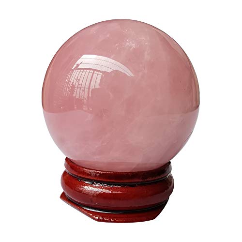 40mm Rose Quartz Healing Crystal Divination Sphere Sculpture Figurine Gemstone Ball,Feng Shui Chakra Aura Home Desk Decor Decorative Collection,with Wooden Stand Pink-rose Quartz
