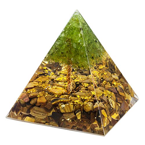 Nupuyai Tree of Life Peridot and Tiger's Eye Crystal Orgone Pyramid Stone for Protection, Reiki Healing Chakra Meditation Energy Generator for Home Decor Tiger's Eye Stone