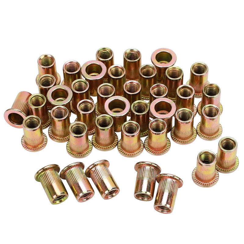 [Australia - AusPower] - 100pcs M6 Rivet Nuts, M6 Flat Head Rivnut Threaded Insert Nuts with Knurled Body, Metric Zinc Plated Carbon Steel Insert Nutsert for Automotive, Furniture, Decoration Brand: PRECIHW 