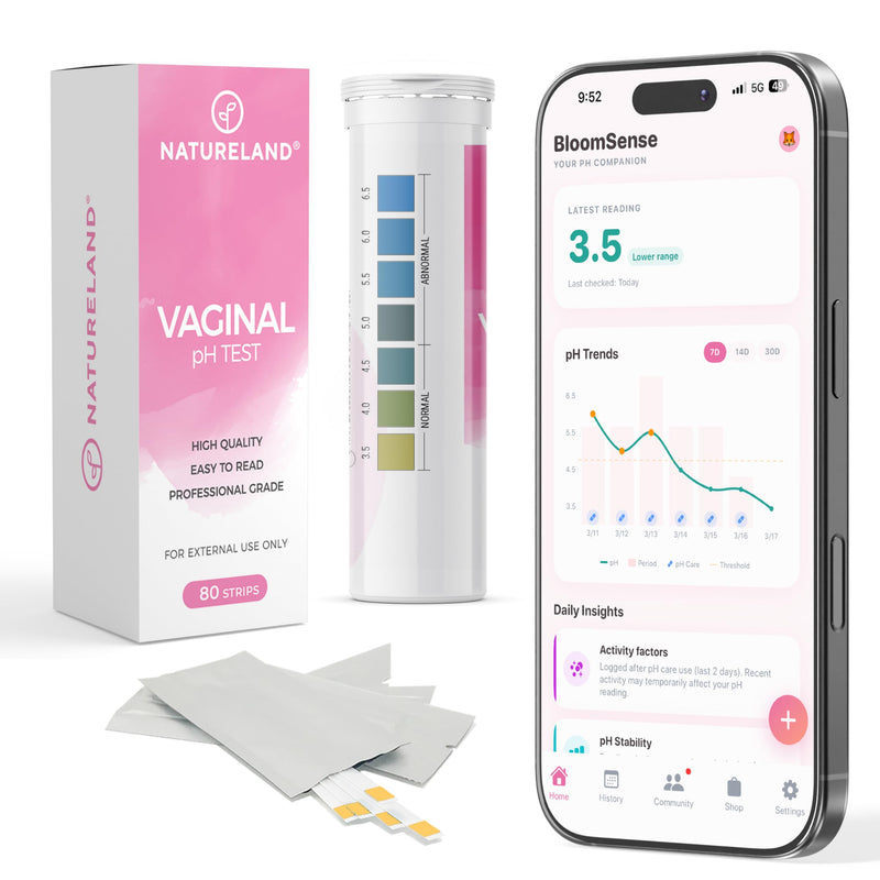 NATURELAND Vaginal pH Test Strips for Women – At-Home Test BV and Yeast Infection Kit, with BloomSense App, Accurate 3.5-6.5 Range, Foil-Sealed (80 Strips) 80 Strips