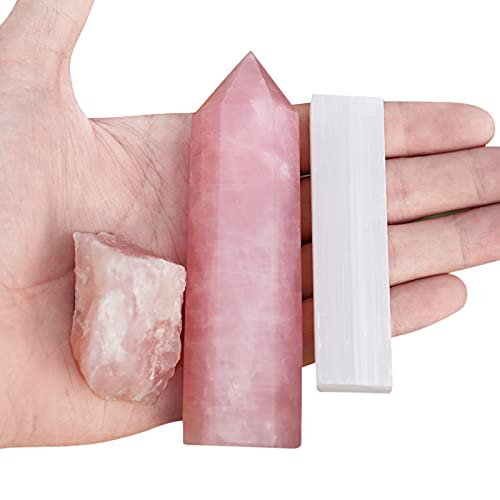 MIMOSA Healing Crystal Point Large Rose Quartz, Raw Rose Quartz &Selenite Large Rose Quartz Pink