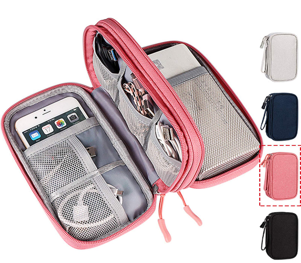 [Australia - AusPower] - Electronic Organizer Travel USB Cable Accessories Bag/Case,Waterproof for Power Bank,Charging Cords,Chargers,Mouse ,Earphones Flash Drive Double Layer - Pink 