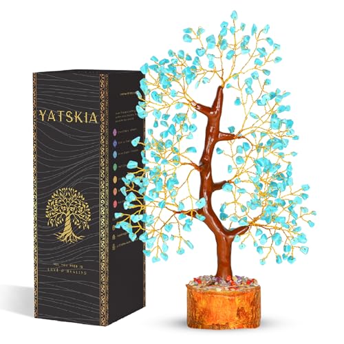 YATSKIA Turquoise Crystal Tree | Crystal Bonsai Tree | Healing Stones | Desk Decor for Women | Positive Energy Decor | Birthday Gift for Women | Crystals Gift | 10 Inch Turquoise Golden Wire