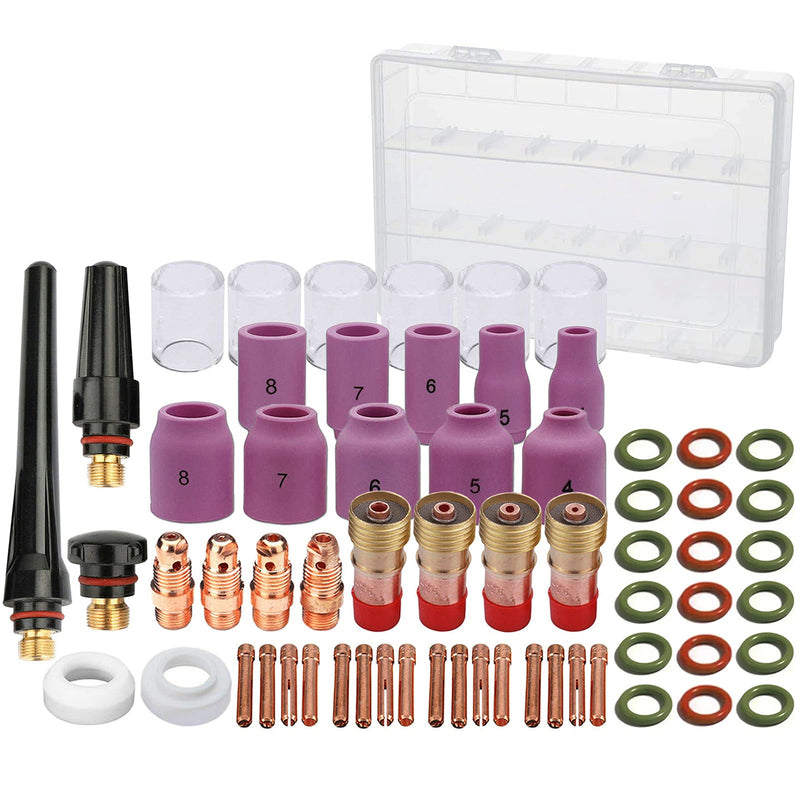 Zinger TIG Welding Torch Stubby Gas Lens #10 Glass Cup Kit for WP-17/18/26 | 63PCS TIG Torch Kit Tig Welding Accessories Alumina Nozzle Collets Body Stubby Gas Lens #10 Glass Cup for WP-17/18/26 Torches